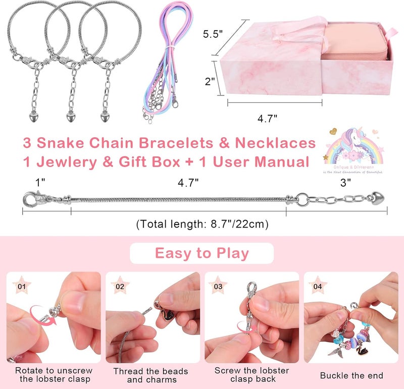 ELLENER Charm Bracelet Jewelry Making Kit - A Perfect Birthday Holiday Gift for Girls Age 6 7 8 9 10 with Portable Jewelry Box, Cute & Sparkling to Inspire Creativity and Self-Expression, Great Value - Image 4